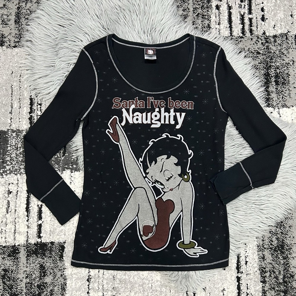 Betty Boop Holiday Naughty Shirt Junior Large Black Waffle -2008 Kings Syndicate